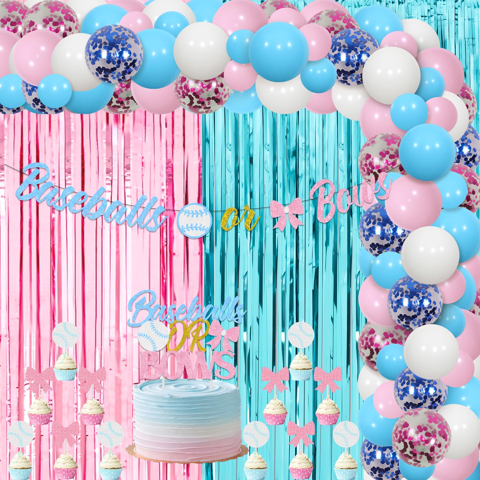 Balterever Baseballs or Bows Gender Reveal Balloon Garland Kit Decorations Pink Blue for Boys or Girls with Baseballs or Bows Gender Reveal Banner