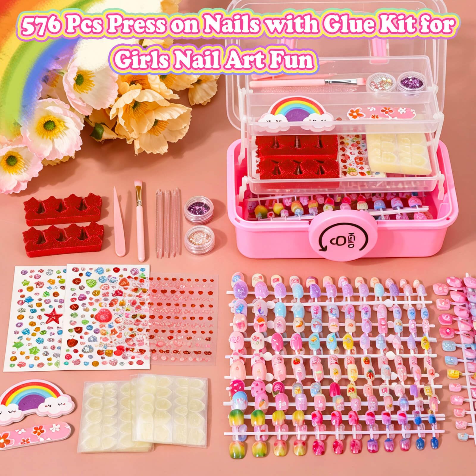 Kids Press-On Nail Art Kit with Glue, Remover and Storage Case