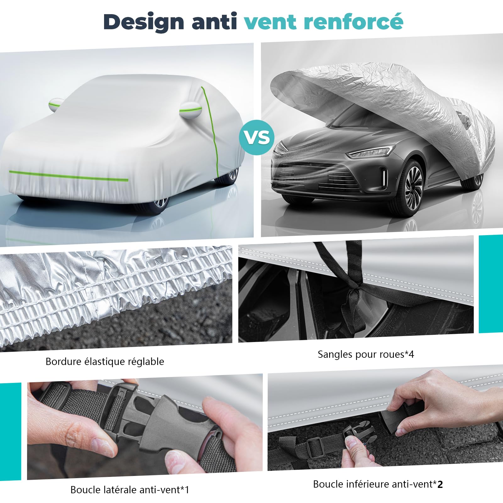 Bâche Voiture Extérieur Imperméable Anti-UV, Anti-Vent et Anti-poussière avec Fermeture Éclair Latérale, Housse pour Voiture 450 x 190 x 160 cm Argent (Compact SUV)