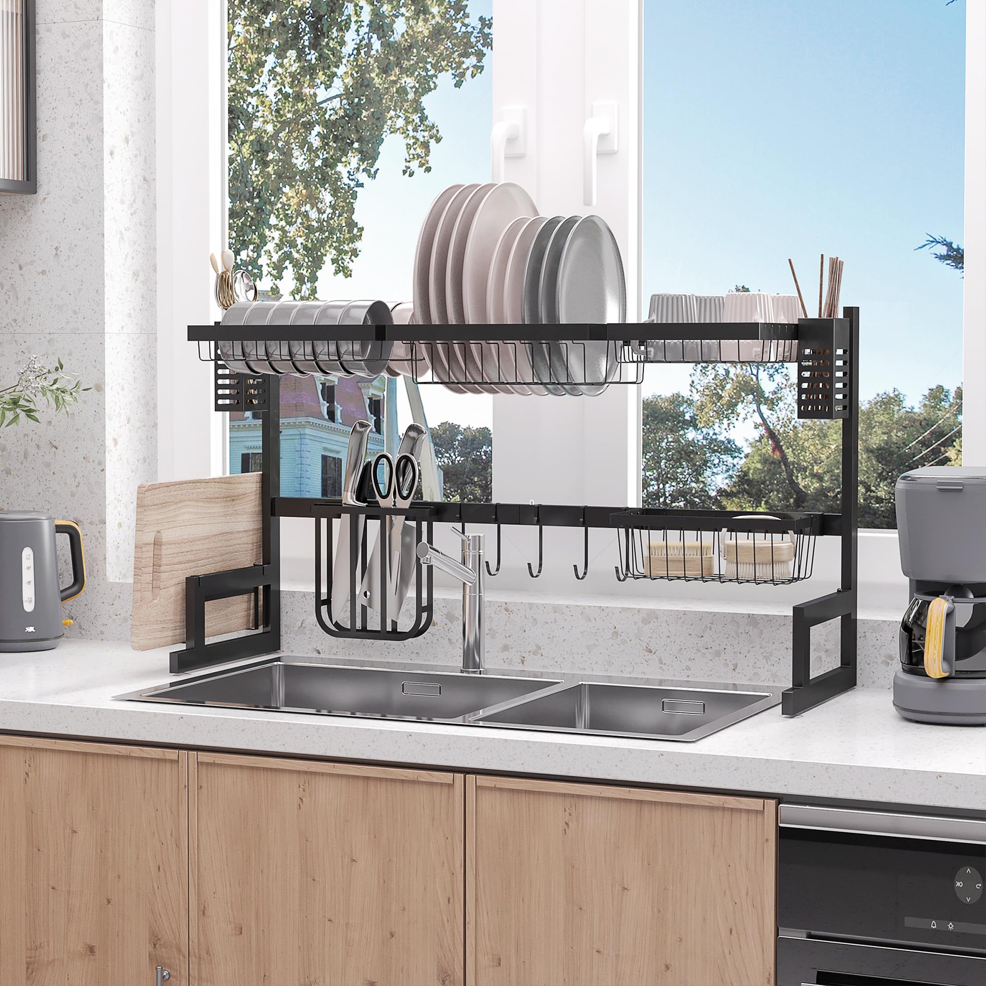 HOMCOM Égouttoir à vaiselle Vaisselle Au-Dessus Évier 93x30x52,5 cm Noir | séchoir à vaiselle 2 Niveaux, Porte-Couteau, Support Planche à Découper, Rangement Organisateur Cuisine, Acier