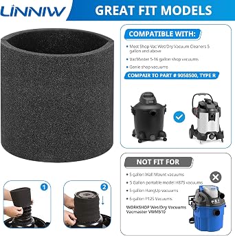 3 Pack 90585 Foam Sleeve VF2001 Foam Replacements Filters Compatible with Most Shop-Vac Wet/Dry Vacuum Cleaners 5 Gallon and Above, Vacmaster & Genie Shop Vacuum Cleaner, Replace Parts # 9058500
