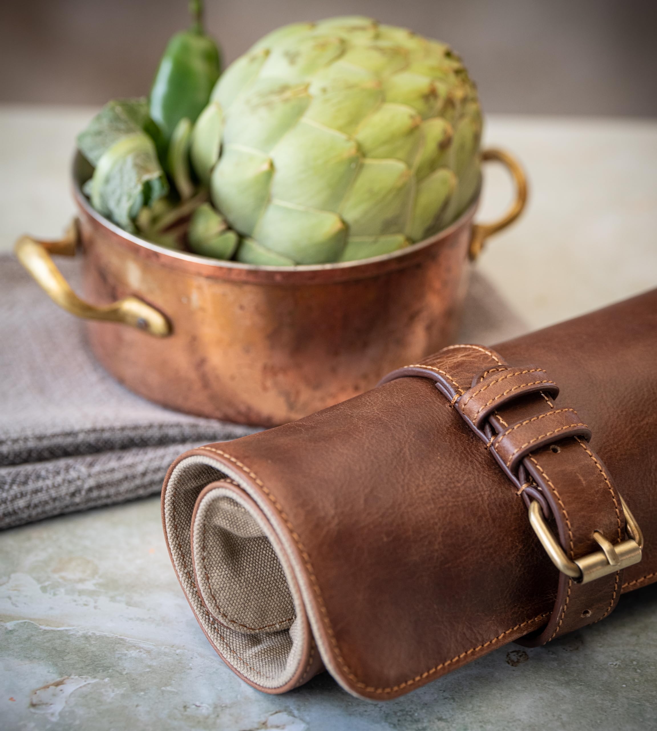 Angus Stoke Borsa per coltelli in pelle per cuochi,rotolo di coltelli da cucina grande,tasca per coltello da cucina con scomparto extra e chiusura lampo, mogano, Tasca per coltello