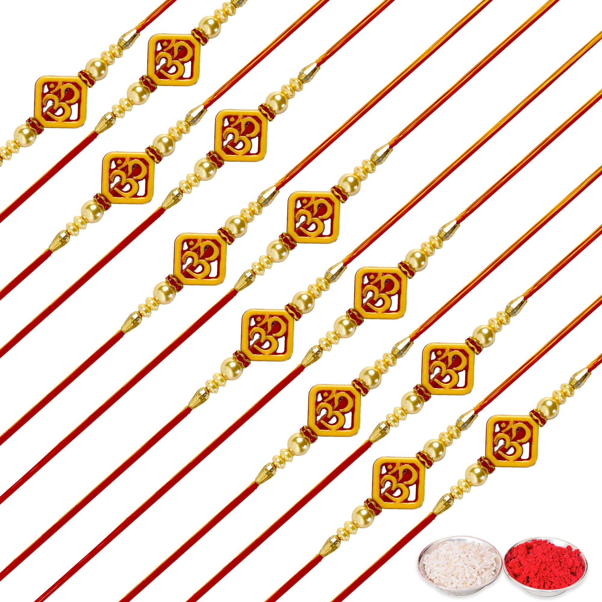 CRAFTONESet of 12 Om, Moti and Pearl Design Traditional Rakhi for Brother, Designer Rakhi Set for Raksha Bandhan Bhaiya Bhabhi Sister Rakhi Band for Rakshabandhan with Roli Tikka, Silk