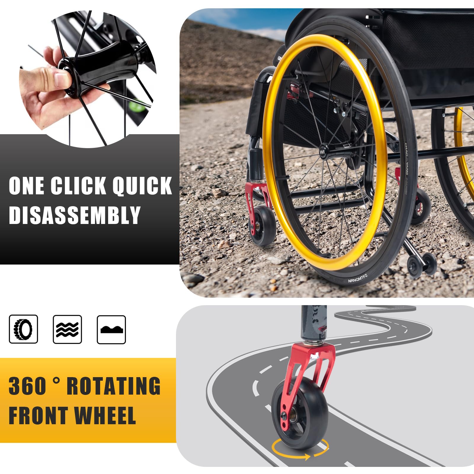Sedia a rotelle sportiva leggera per tutti i terreni, sedia a rotelle in lega di alluminio, sedia a rotelle manuale semovente,Sedia a rotelle da transito,Freni a maniglia, Antiribaltamento(Seat width