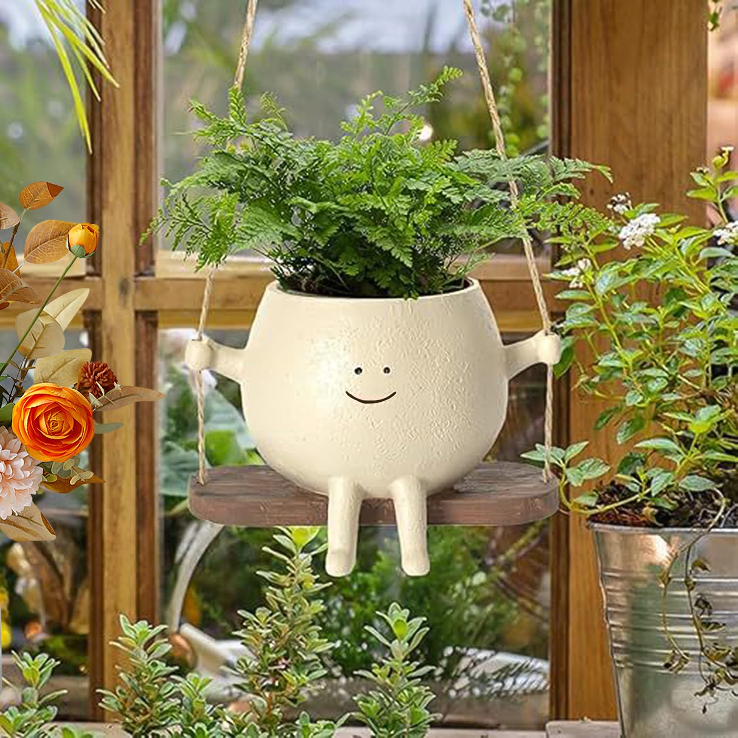 Vaso Per Piante Sospeso Con Faccia A Dondolo | Fioriera In Resina Per Interni/Esterni | Decorazione Giardino Originale 13x11cm