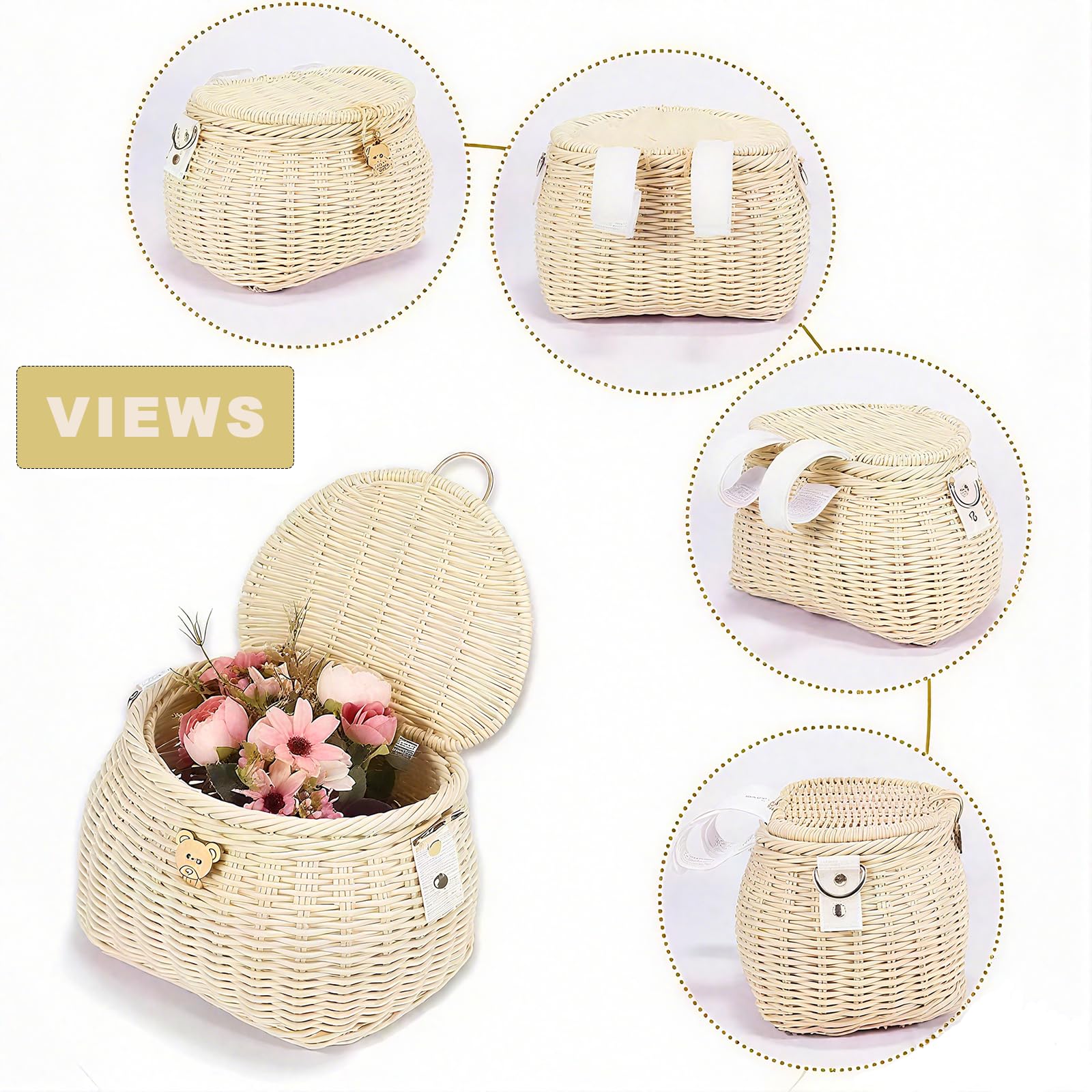 SVNR Panier de vélo pour enfants, panier de vélo avant pour garçons et filles, sac à dos tissé à la main avec couvercle, bandoulière et paniers de guidon avant en rotin, beige