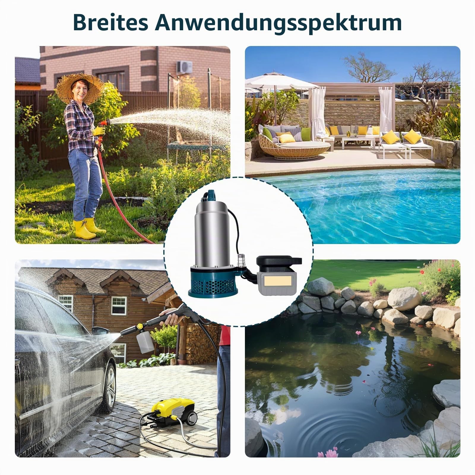 Tauchpumpe für Makita 18V Akku mit 10m Schlauch, 5000L/H (Keine Batterie)