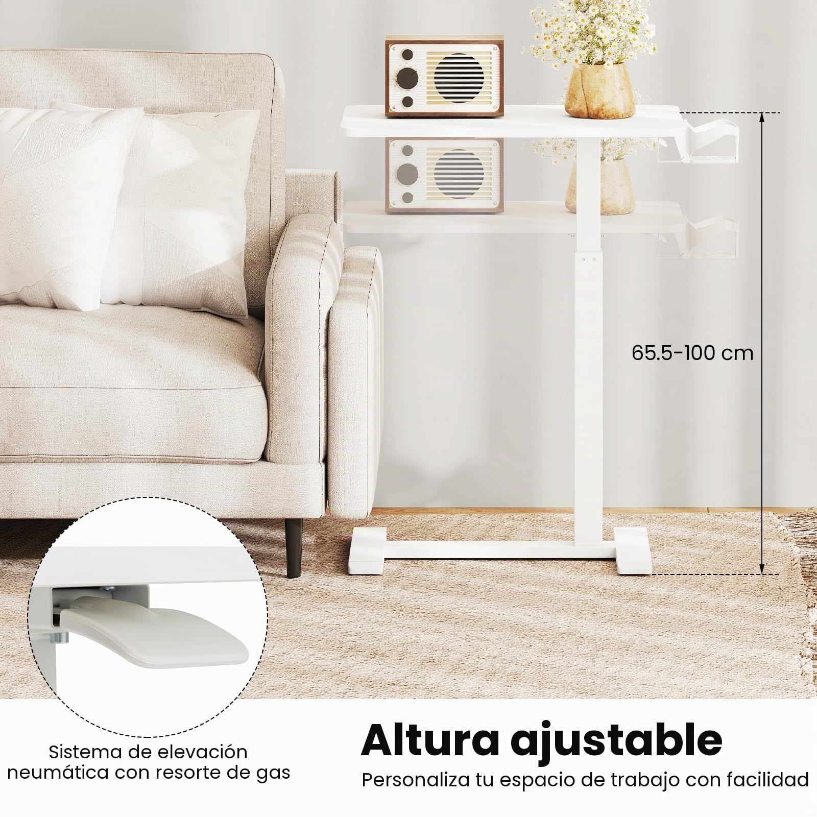 LIFEZEAL Mesa Auxiliar para Sofá en Forma de C, Altura Ajustable, Mesa Lateral para Cama, con Ruedas Ocultas, Soporte para Bebidas, Ganchos para Auriculares (Blanco)