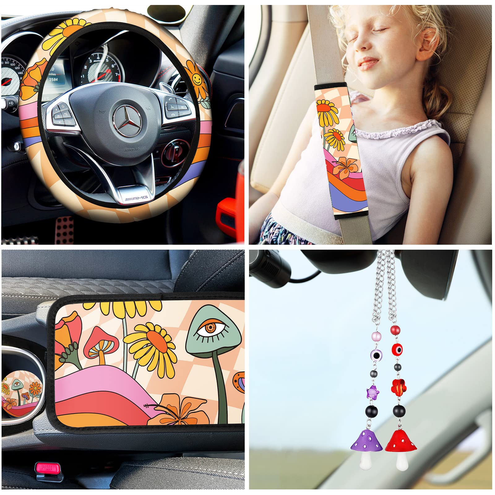 Nuenen 17 Pcs Boho Mushroom Car Seat Covers Set Car Accessories Mushroom Car Rear View Mirror Charm Hippie Pink Steering Wheel Cover Cupholder Belt Cover Armrest Keychains for Men Women