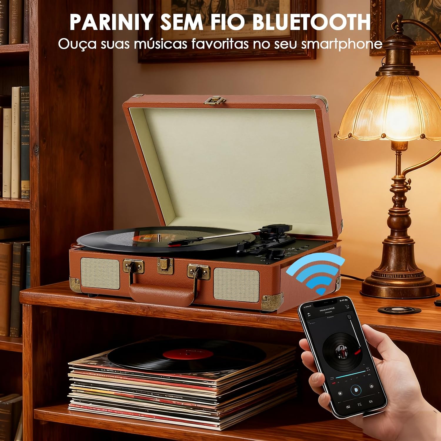Vitrola Retro Bluetooth Portátil Radiola Disco Vinil com Alto-falante Integrado Tornamesa Vinilo Vintage 3 Velocidade Tocador Vinil Audiotecnica Puerto USB, Salida de Audífonos y RCA