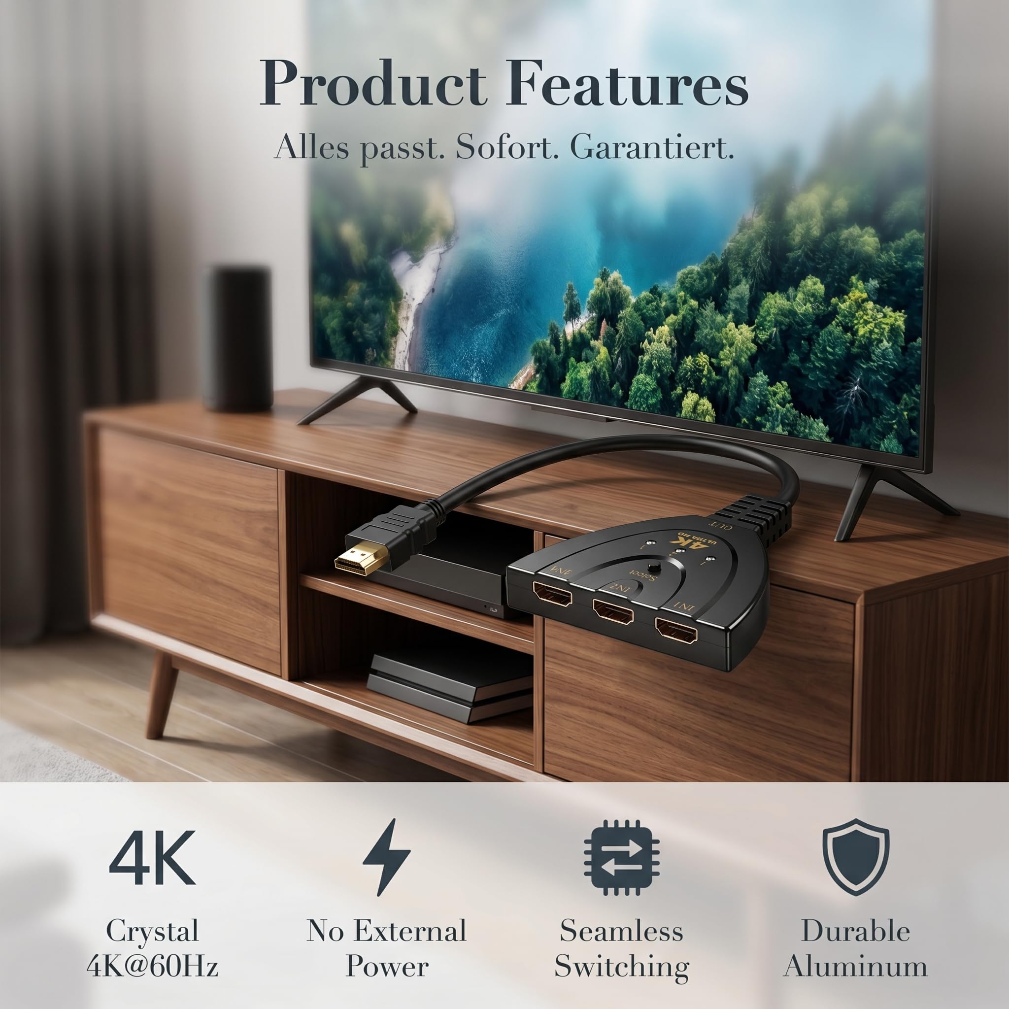 Ruvan Switch HDMI 4K, Multiprise HDMI 3 Entrées 1 Sortie avec, Commutateur HDMI Automatique Ultra HD 1080P 3D HDR, Multi HDMI pour TV, PS5, PS4, Blu-Ray, PC