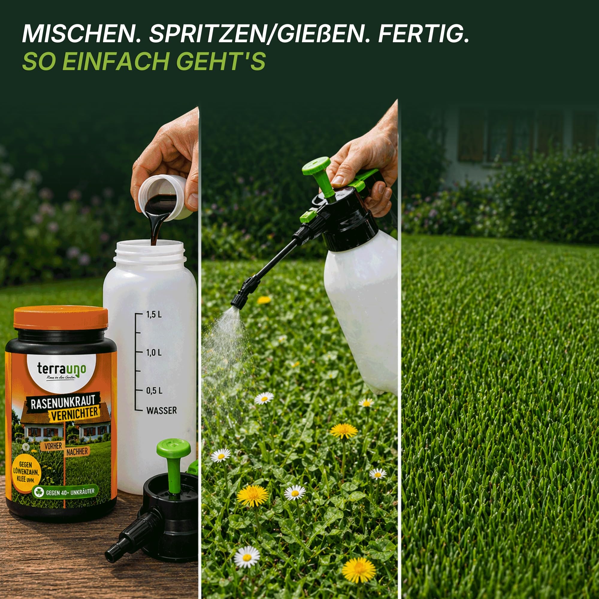 TerraUno Unkrautvernichter Rasen 500 ml, Flüssiges Unkrautvernichtungsmittel extra stark, gegen über 40 Unkräuter, Löwenzahn und Klee Vernichter, Rasenunkrautvernichter mit wurzeltiefer Wirkung