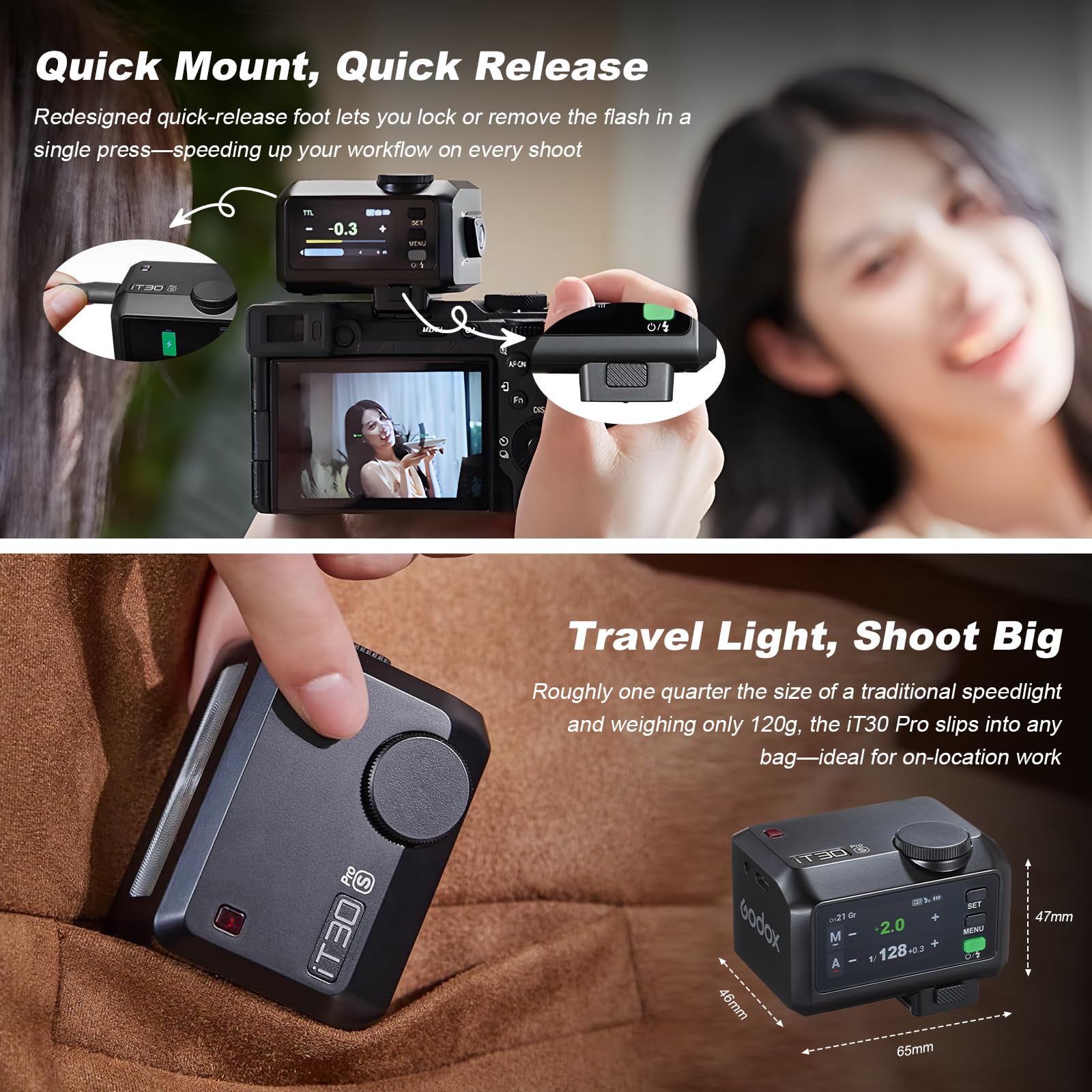 Godox iT30Pro-S iT30Pro S Mini Flash della Fotocamera con Diffusore Bianco Speedlite Camera Flash 560 Flash a Piena Potenza 2,4G Wireless Master & Receiver GN15 TTL 1/8000s para Sony DSLR(nero)