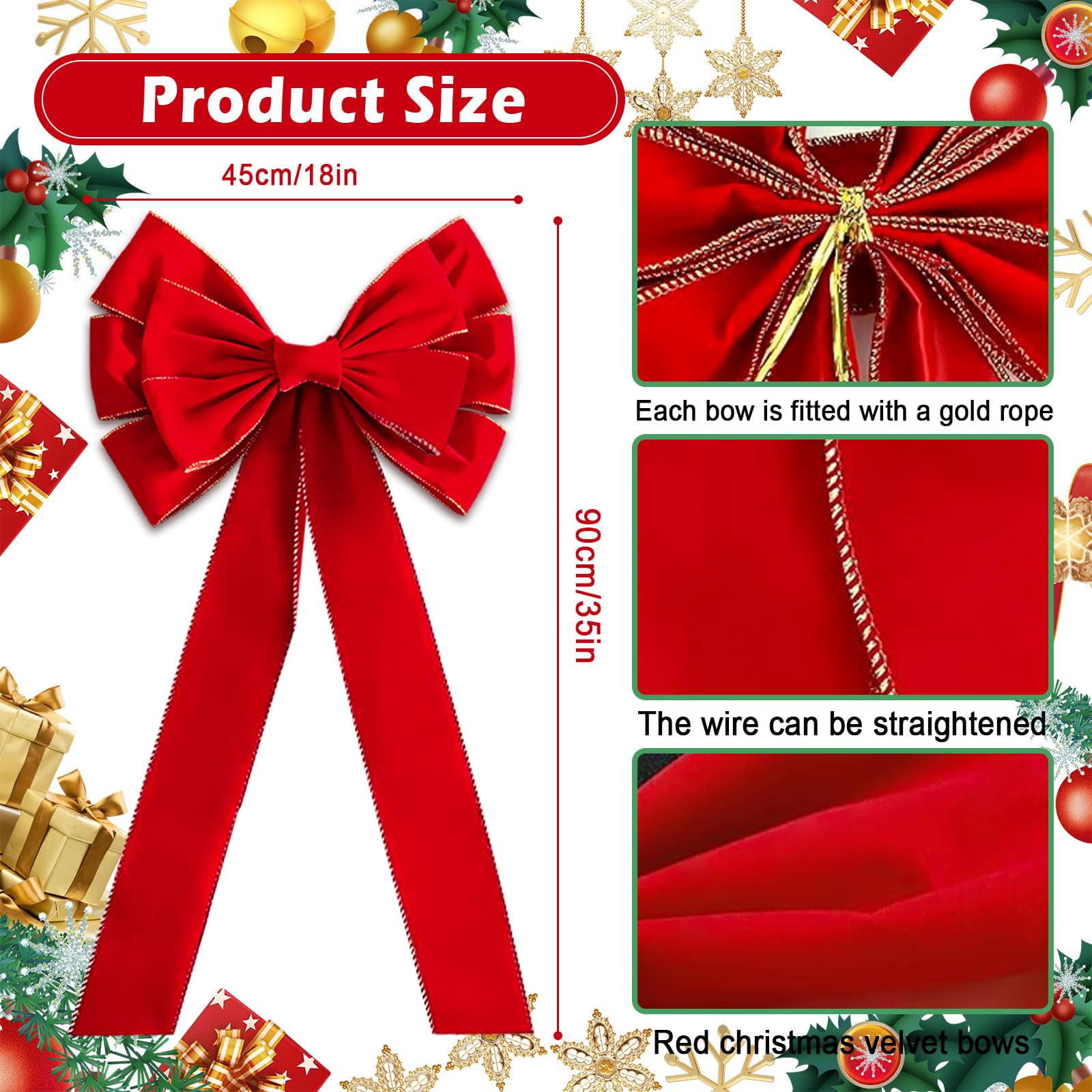 6X Weihnachtsschleifen Weihnachtsbaum Weihnachten Samtschleife: 90cm x 45cm Große Rote Schleifen für Weihnachtsbaum Weihnachtskranz Tür- und Kamin Haustürdekoration (6, Red)