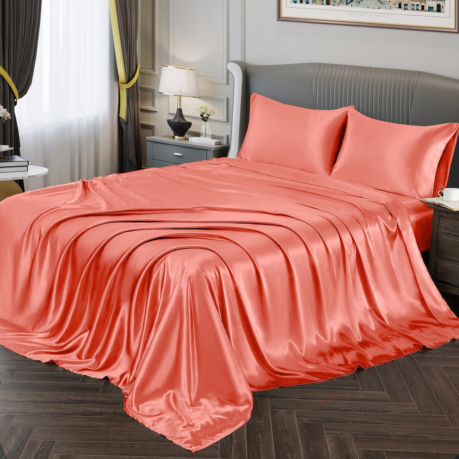Vonty Satin Sheets Full Size Silky Soft Satin Bed Sheets Coral Satin Sheet Set, 1 Deep Pocket Fitted Sheet + 1 Flat Sheet + 2 Pillowcases, yuhuai231212-292 — image 1