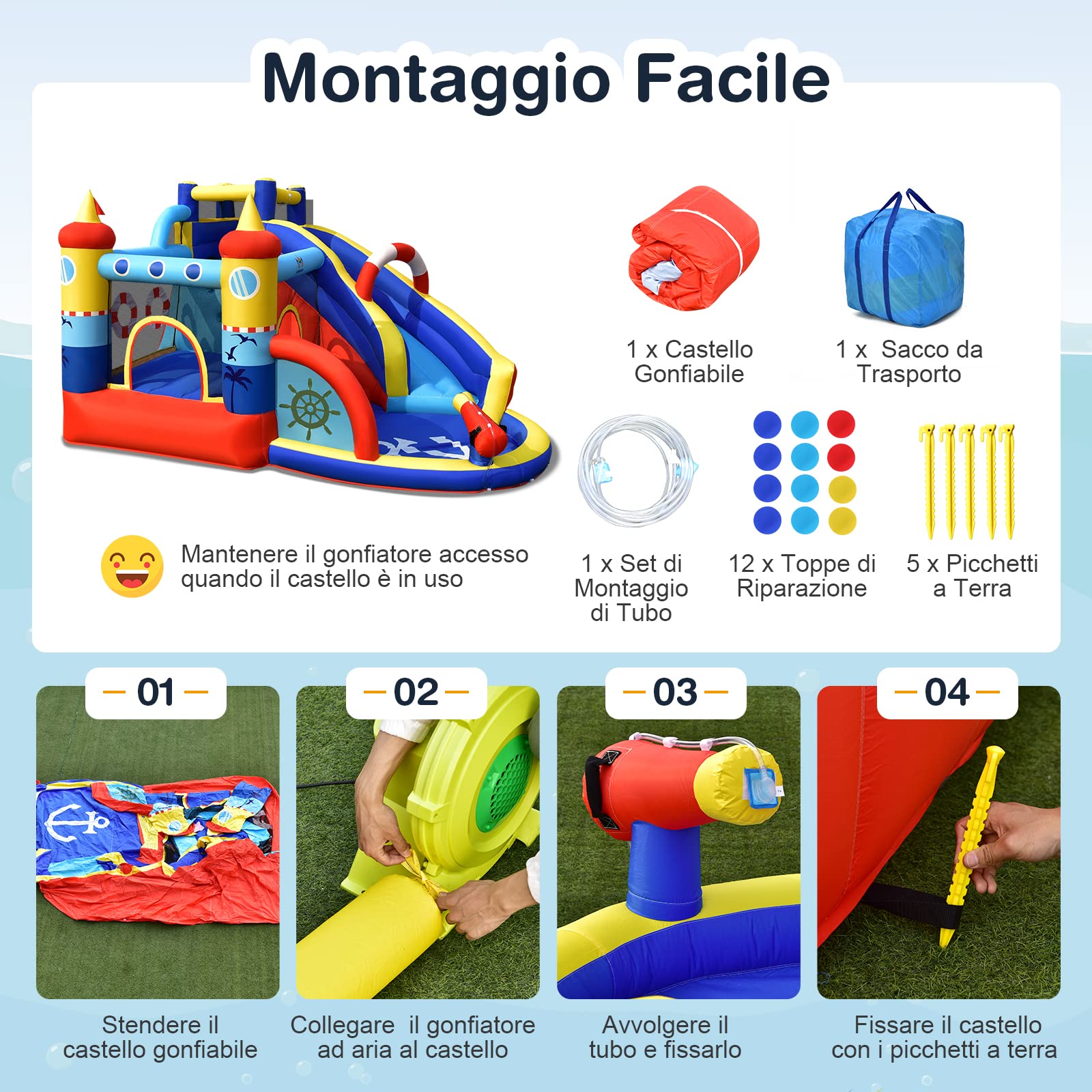 COSTWAY Castello Gonfiabile per bambini, Casa Gonfiabile con Scivolo, Area per Saltare, Piscina, con Borsa di Trasporto e Kit di Riparazione, per 4 Bambini di 3-12 Anni (Senza soffiatore)