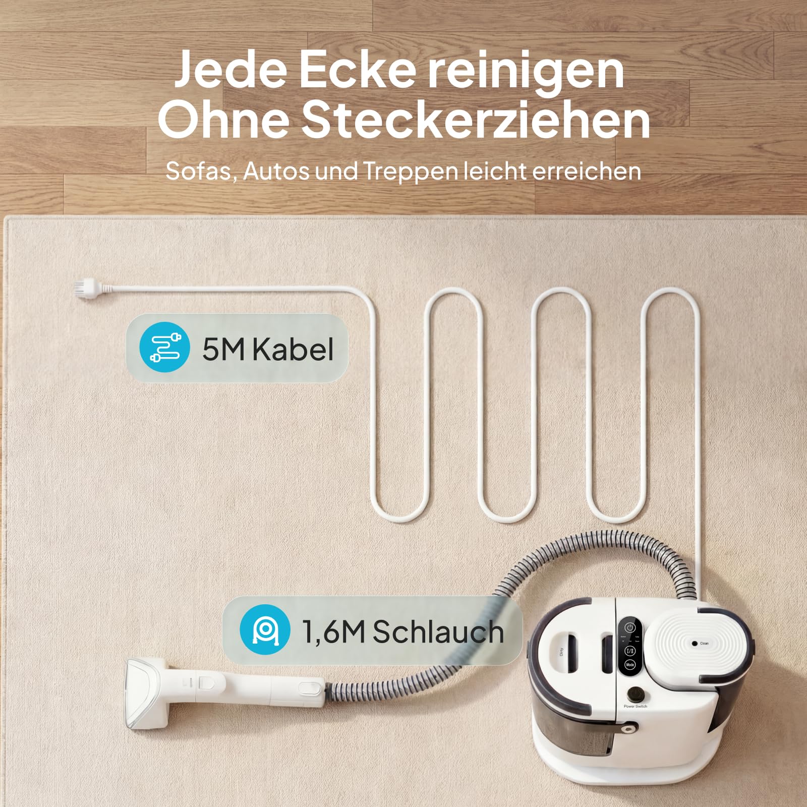 Livatro Polsterreiniger Gerät Nasssauger Waschsauger, 15 KPa Nasssauger Polsterreiniger, 1,6 L Wassertank, Kompakter Dampfreiniger Polstermöbel, Selbstreinigung, für Teppiche, Sofa, Vorhänge, Auto