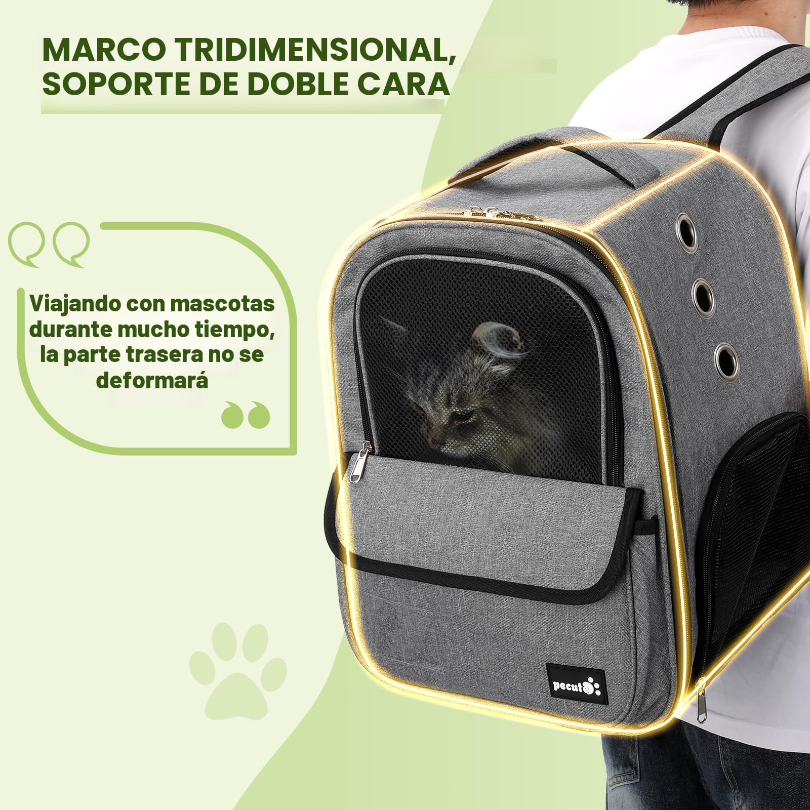 Pecute Transportín Mochila para Gatos y Perros Pequeño con Ventana de Malla,Bolsa Portátil y Plegable para Mascotas Tela Oxford Impermeable Transporte de Viajes Senderismo Camping hasta 6 kg