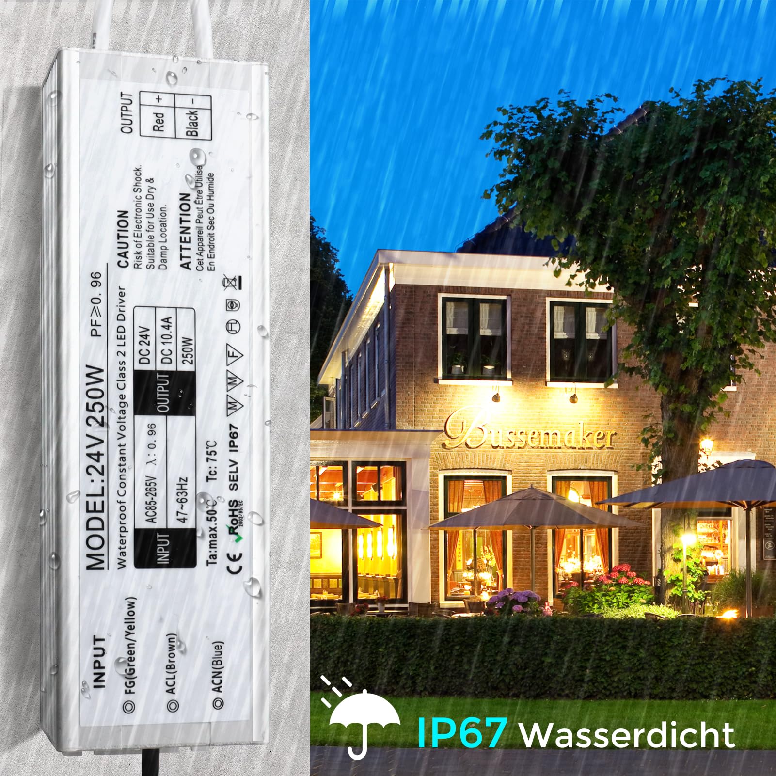 Trasformatore a LED, 24 V, 250 W, IP67, per esterni, impermeabile, con spina