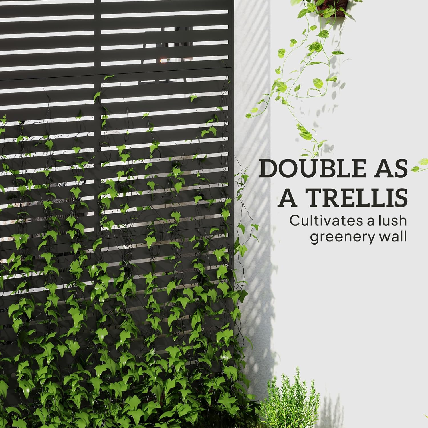 Close-up of the privacy screen with climbing plants growing through its slats, demonstrating its trellis function.