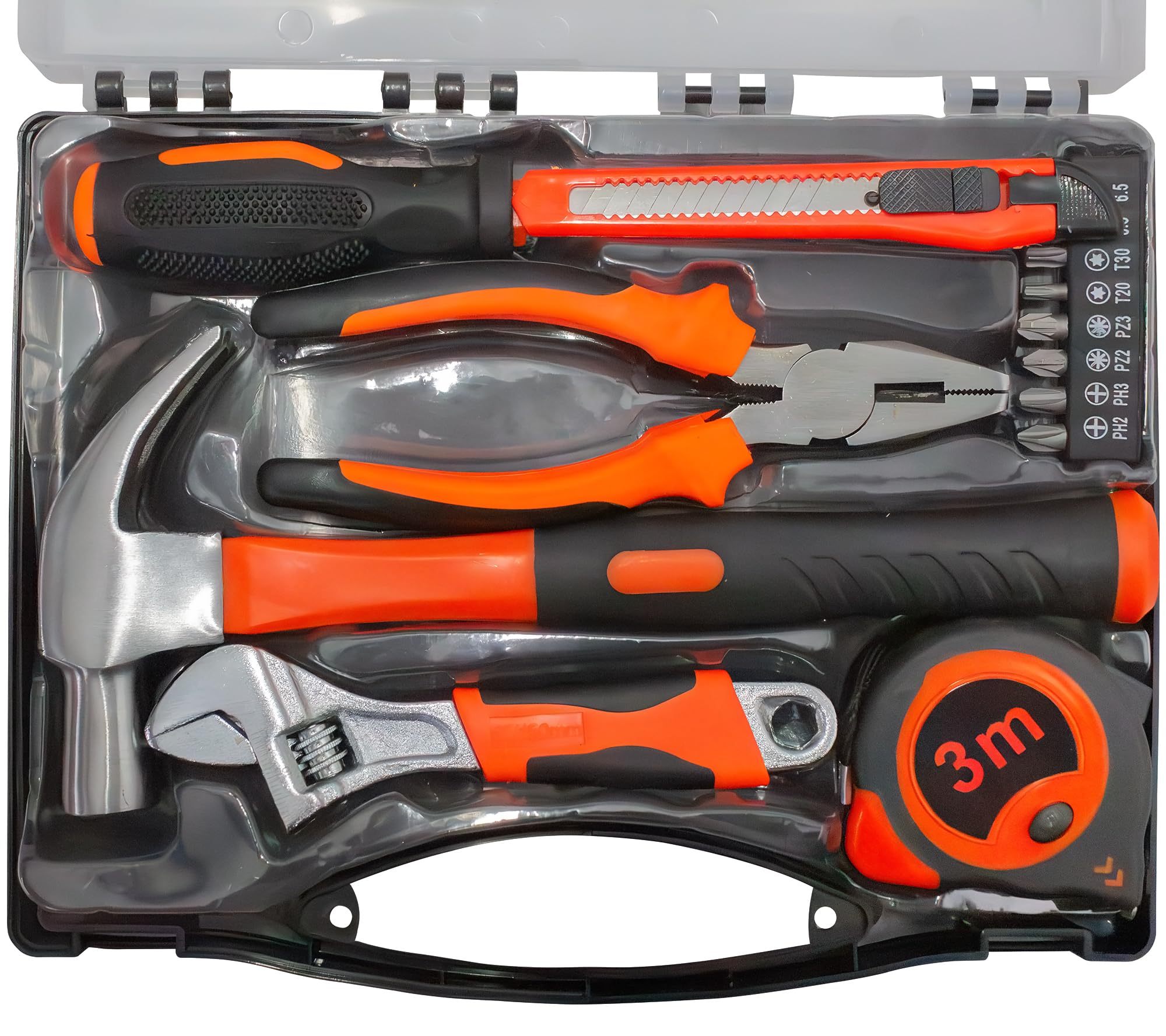 IBELL HT17-30 Hand Tool Kit (14 Pieces) | DIY & Household Repair Set with Screwdriver, Claw Hammer, Plier, Wrench, Knife, Measuring Tape & Bits | Durable Steel Tools in Hard Carry Case