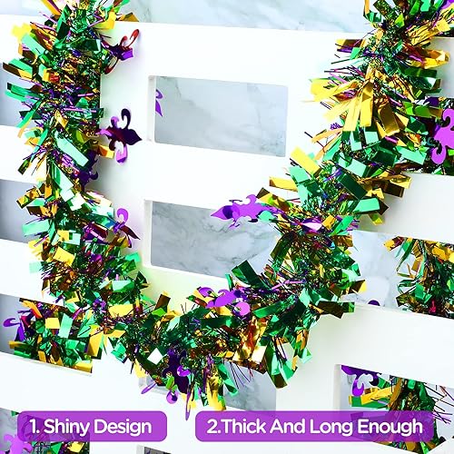 Miniatura 7 de 5 guirnaldas de oropel metálicas brillantes mixtas  morado, verde, dorado  32.8 pies para Mardi Gras, Navidad, fiestas de carnaval
