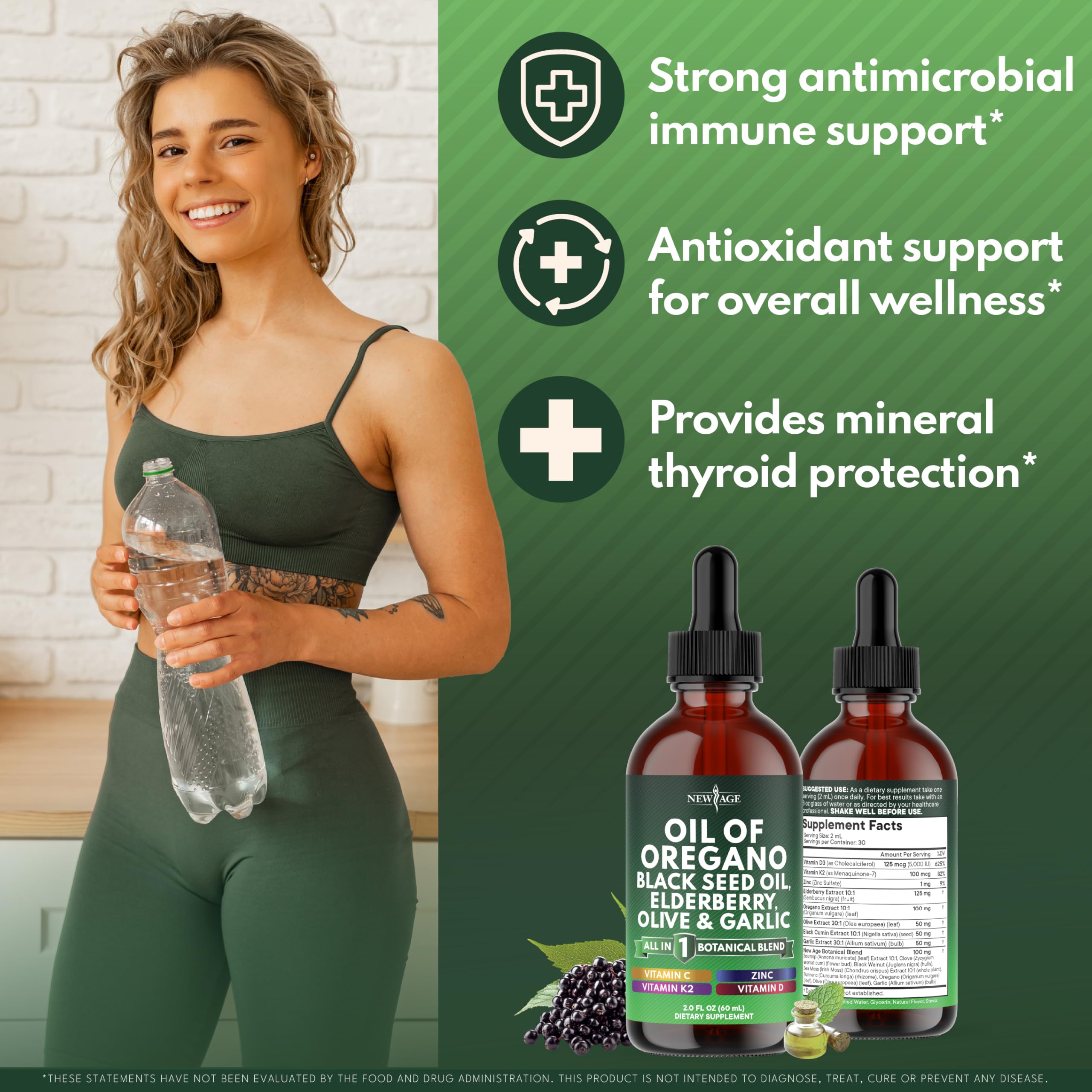 NEW AGE Oil of Oregano Drops - Black Seed Oil, Elderberry, Vitamin D, D3, K2, Olive, Garlic - Immune Support Supplement Wellness Formula, Zinc Supplements Liquid - 4Fl Oz — Amazon image 3