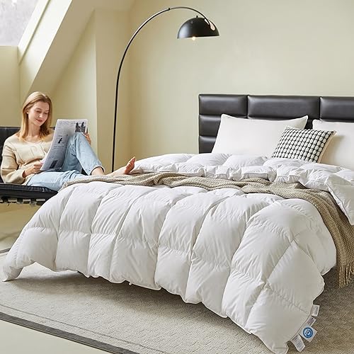 C&W Edredón de plumón de ganso tamaño King para invierno, funda de algodón suave de 750 relleno, relleno de 60 onzas, relleno esponjoso, relleno de