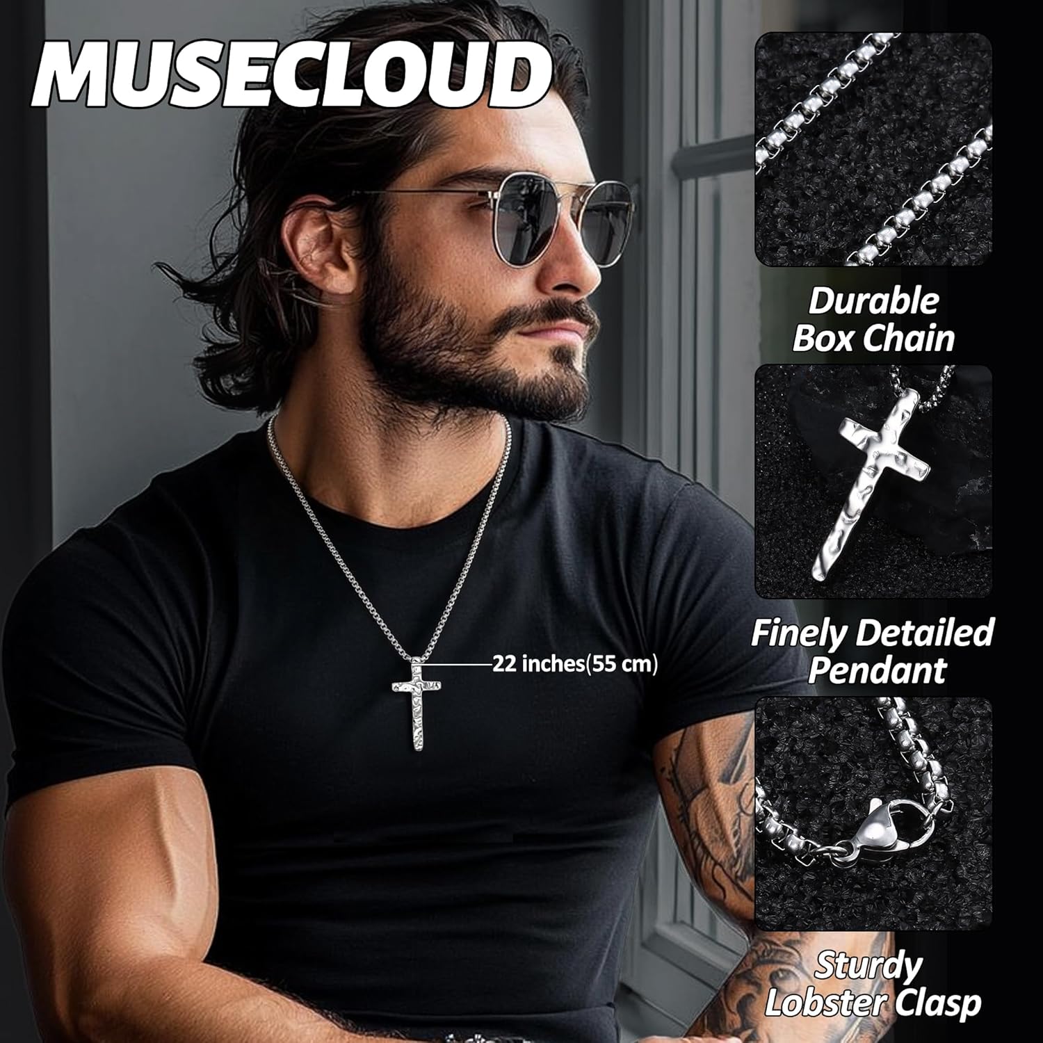 Silver Cross Chain Necklace for Men : Hammered Men's 316L Stainless Steel Crosses Pendant Necklaces with Box Chains Hand-Forged Christian Christmas Jewelry for Mens Women 18-26 Inch - Image 2