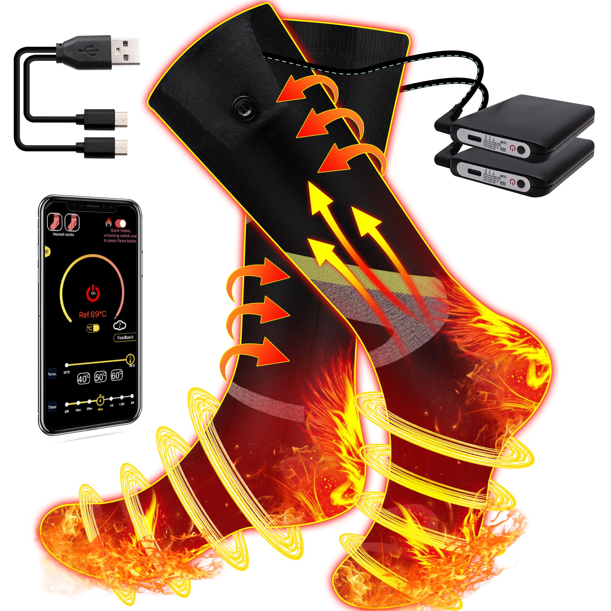 Autocastle Heated Socks for Men Women Rechargeable 5000mAh Battery Heating Socks APP Control Winter Warm Thermal Socks Washable Electric Foot Warmers for Hunting Camping Skiing Hiking Outdoors