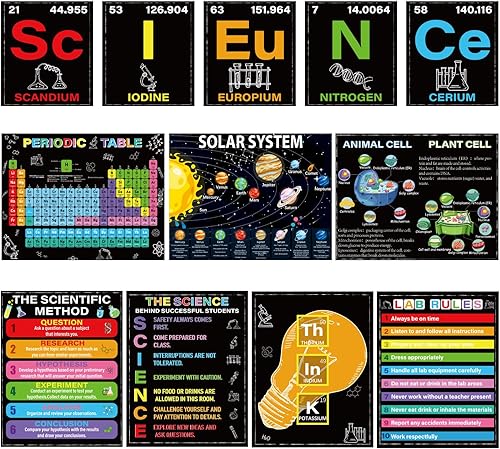 12 pósteres de mesa periódica de ciencia para aula, juegos de tablones de anuncios de ciencia para aula, carteles de ciencia para la escuela