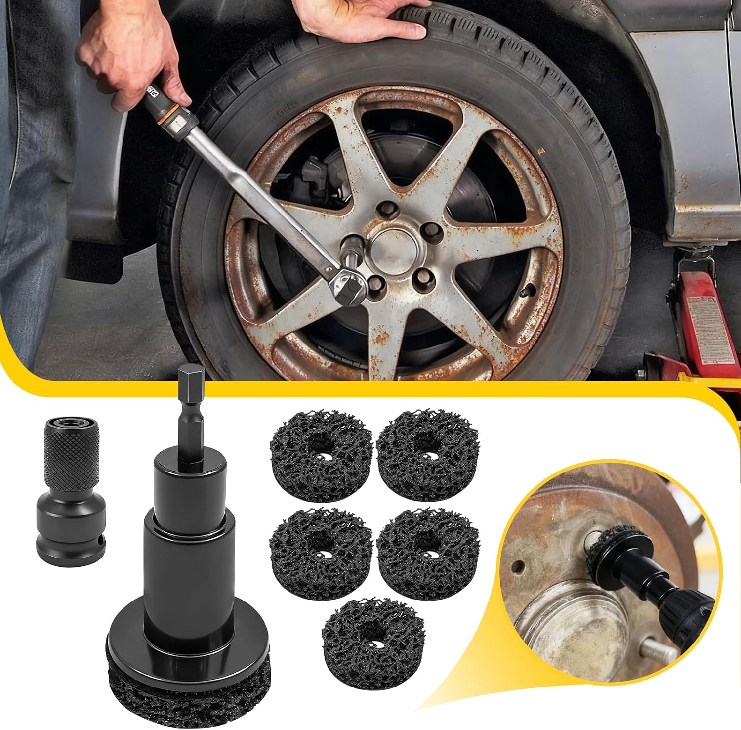 Wheel Hub Resurfacing Kit – Wheel Stud and Hub Cleaner for Quick Rust Removal on Lug Studs & Brake Rotors, Includes 5 Cleaning Pads + 3 Brushes (2", 3.5", 4"), Fits 1/2" Wrenches or Electric Drills