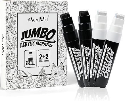 4 Pack Jumbo Poster Markers, 15mm Wide Tip Permanent Acrylic Paint Markers for Window, Wood, Poster Board, Sign, Ceramic, Fabric, Rock Painting, Canvas, Art Project 2 Black+2 White