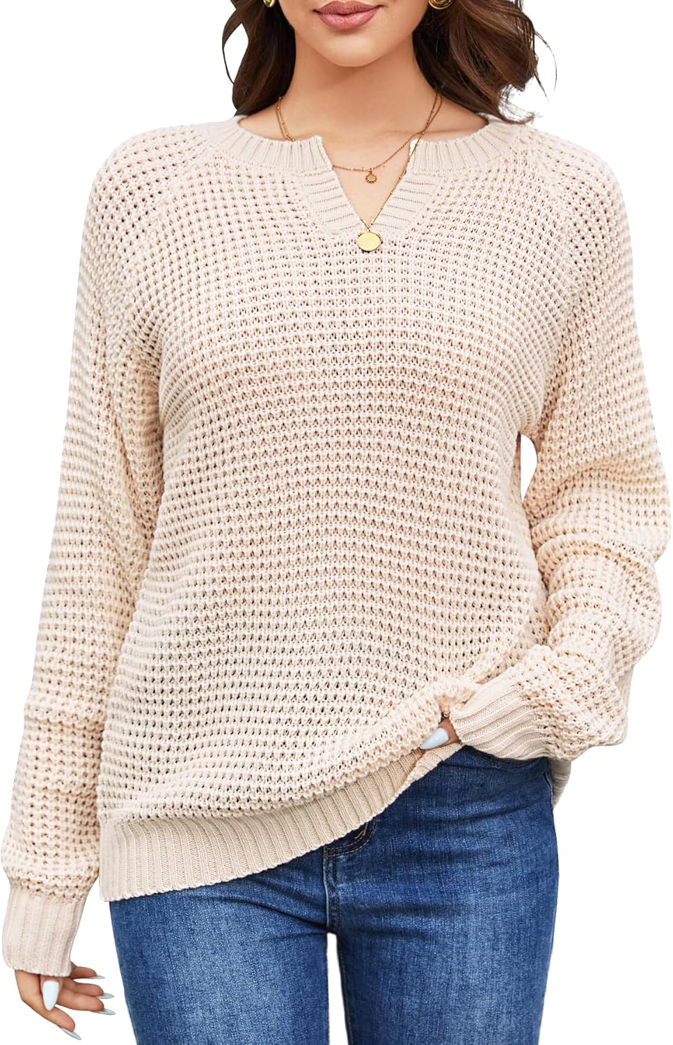 YUURQTY Womens Sweaters Casual Long Sleeve Waffle Knit V Neck Fall Trendy Crochet Ribbed Warm Pullover Sweater Tops