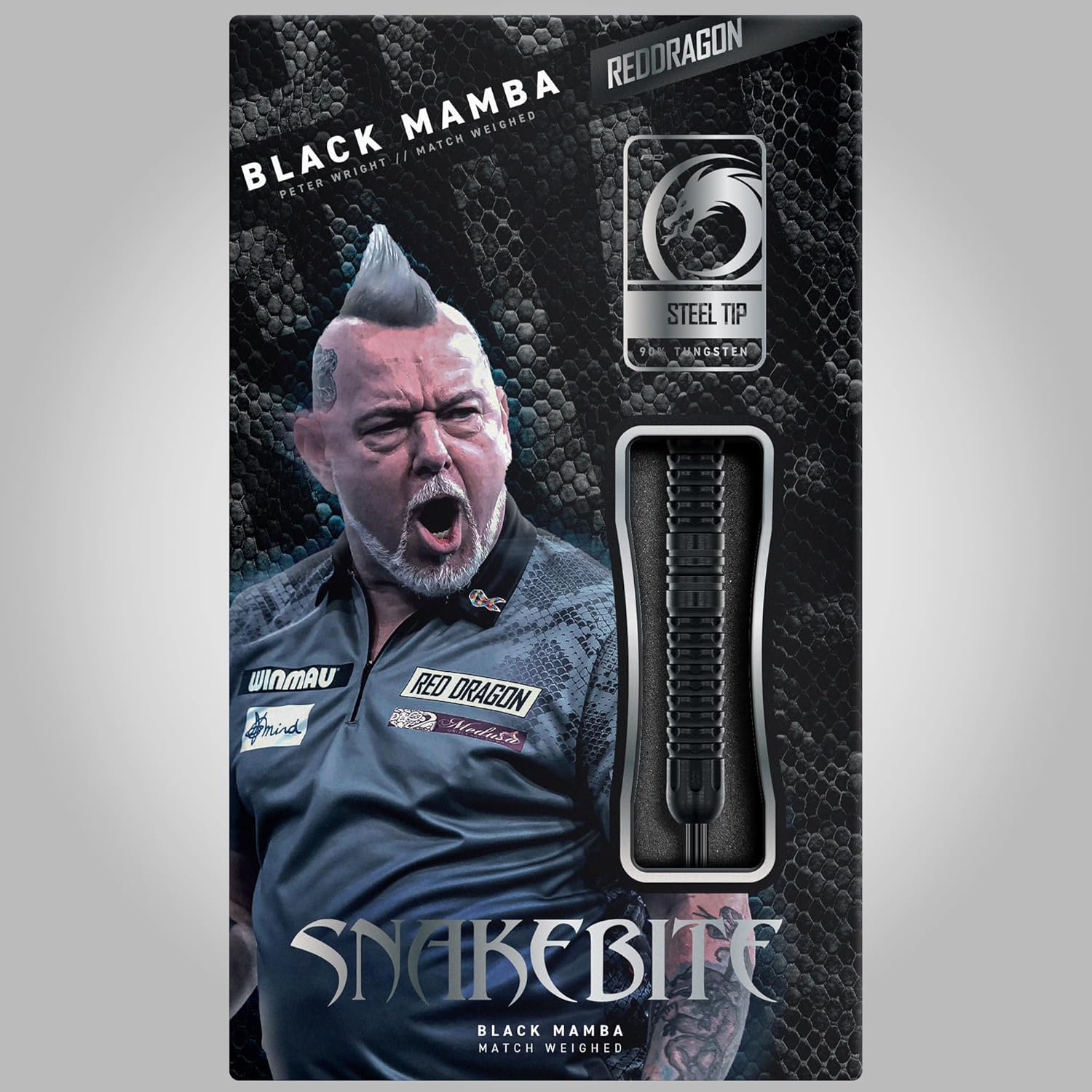 RED DRAGON Darts - Professional Player - Peter Wright 'Snakebite' - Black Mamba Series | 90% Professional Tungsten Darts Set - Includes Flights & Stems | Steel Points 22g, 24g & 18g Soft Tip Dart Set