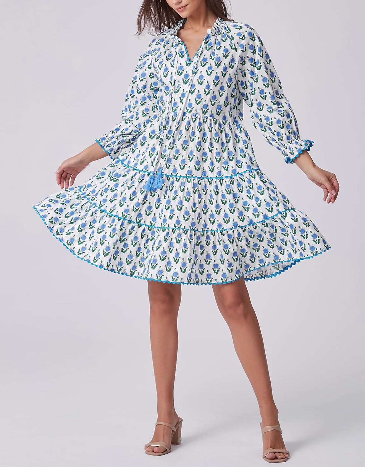 Kedera Womens Casual Mini Dress Long Sleeve Floral Ruffle V Neck Fall Loose Boho Babydoll Dresses with Pockets - Image 7