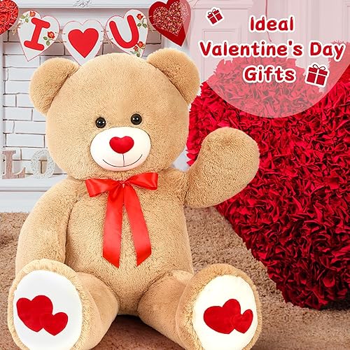 Miniatura 66 de Tezituor Oso de peluche gigante de 4.3 pies, animales de peluche grandes de 52 pulgadas con vientre blanco, regalo de San Valentín para novias