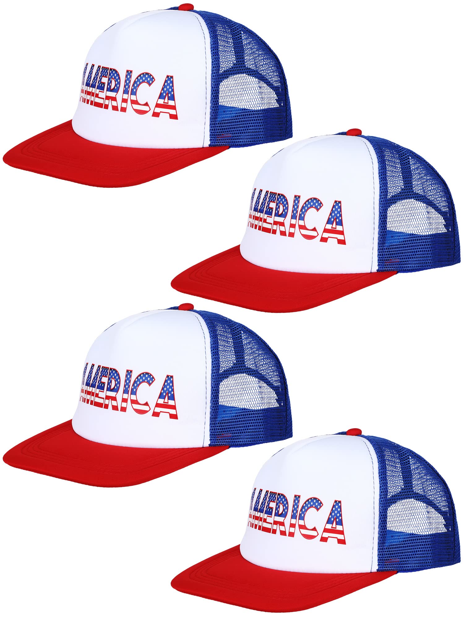 Xtinmee 4 Pcs 4th of July Hat White Blue Red Flag Patriotic Hat America Vote USA American Flag Trucker Cap Baseball Cap Independence Day Adjustable Snapback for Men Women Election Supplies