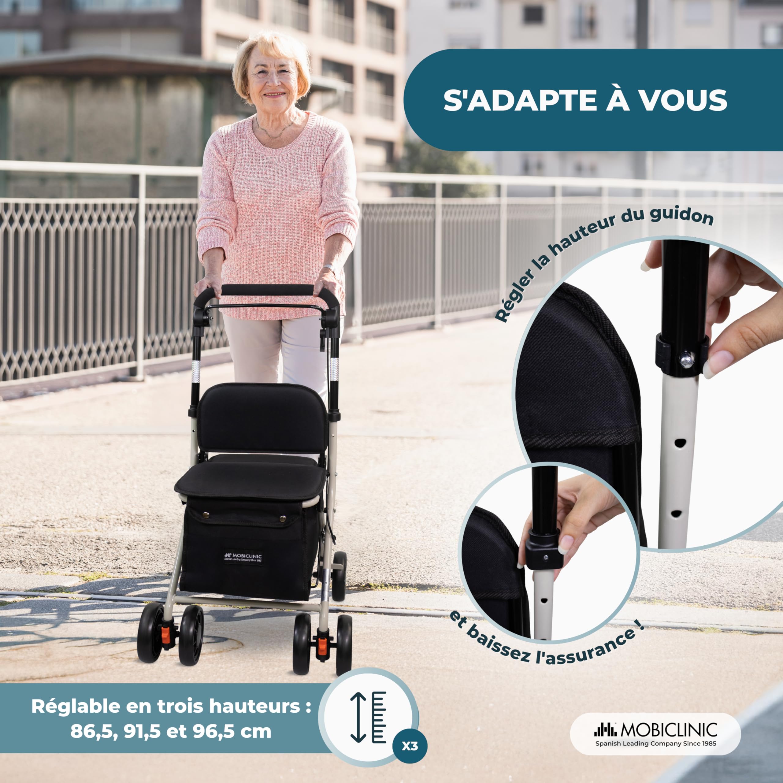 Mobiclinic®, Déambulateur pliant, Chariot de courses avec siège, 21 l, Coliseo, Marque europénne, Levier unique, Acier, Rembourré, Système freinage, Sac à provisions, Noir