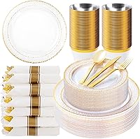 Bestluck 350PCS Clear Plastic Plates Gold Trim Disposable Dinnerware Set for 50 Guests - Party Wedding Essentials