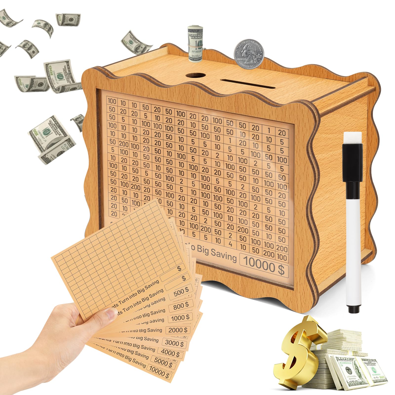 WPOQM 10,000 Savings Challenge Box - Cash Vault Wooden Savings Box, Cash Coin Retro Savings Box with Counter, Money Saving Box with Targets & Dry Erase Pen, Piggy Bank for Adults & Kids, Solid Wood