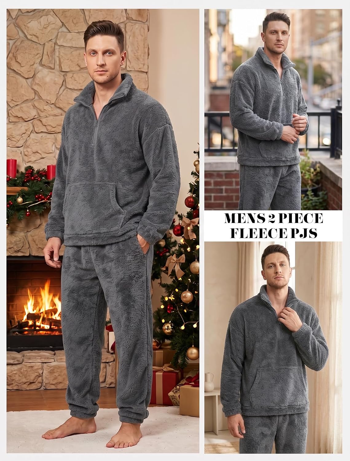 Arssm Mens Fluffy Pajamas Set 2 Piece Fleece Plush Winter Pjs
