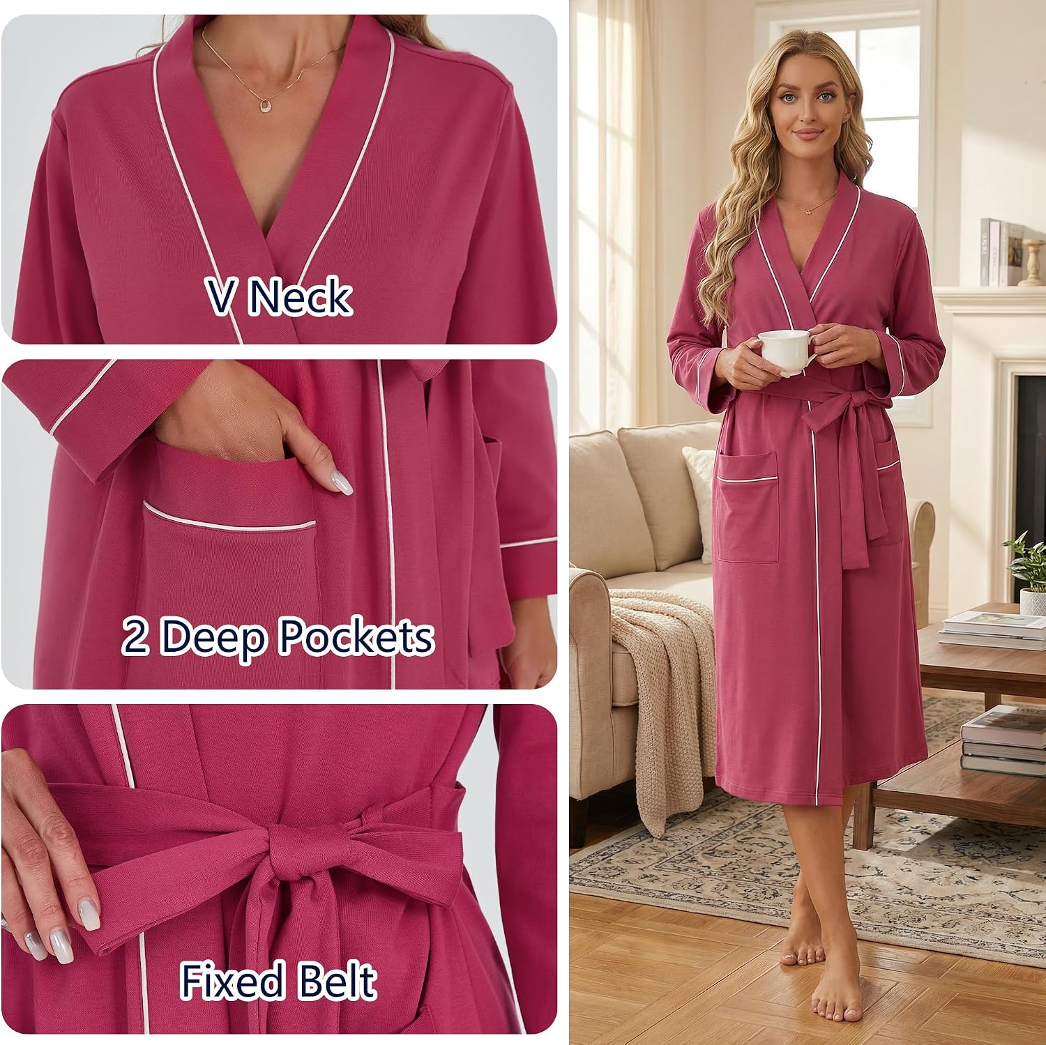 U2SKIIN Womens Organic Cotton Robe, Lightweight Long Kimono Bathrobe for Women, Soft Spa Lounge Sleepwear with Pockets