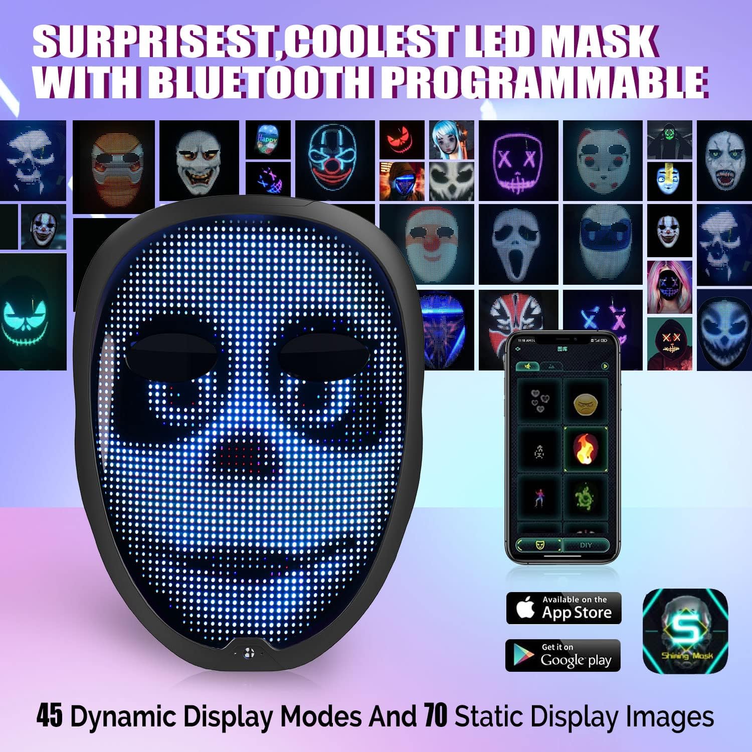 Máscara LED Programable Con Bluetooth Y App – Pantalla Full Color Con Sensor De Gestos, Recargable, Para Cosplay, Carnaval Y Halloween