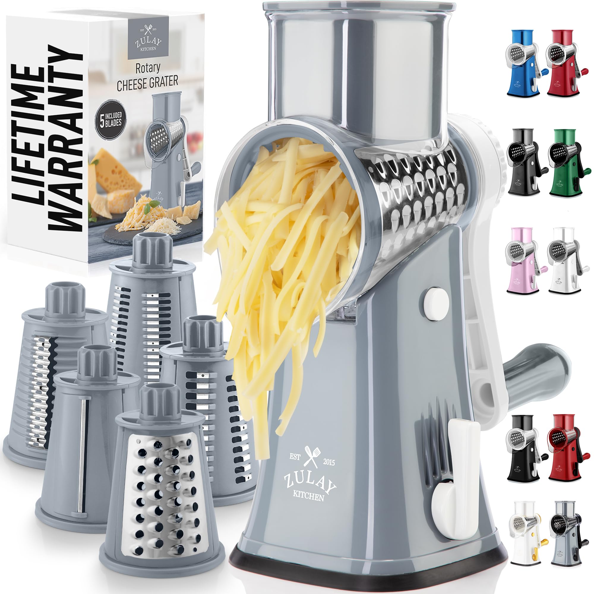 Zulay Kitchen Rotary Cheese Grater 5 Blade Cheese Shredder - Manual Hand Crank Cheese Grater With Reinforced Suction & 5 Interchangeable Drums - Easy to Use, Vegetable Chopper Round Mandoline Slicer