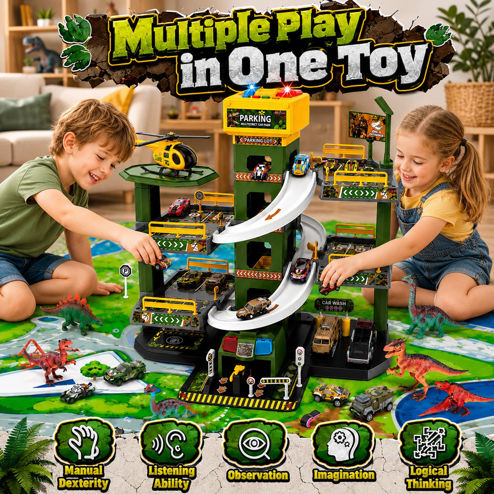5 Stockwerke Parkgarage für Kinder, Dinosaurier-Thema Spielzeug Parkhaus mit 12 Autos und 1 Hubschrauber für Kinder, Parkhaus mit Aufzug, Geschenke für 3-9 Jahren