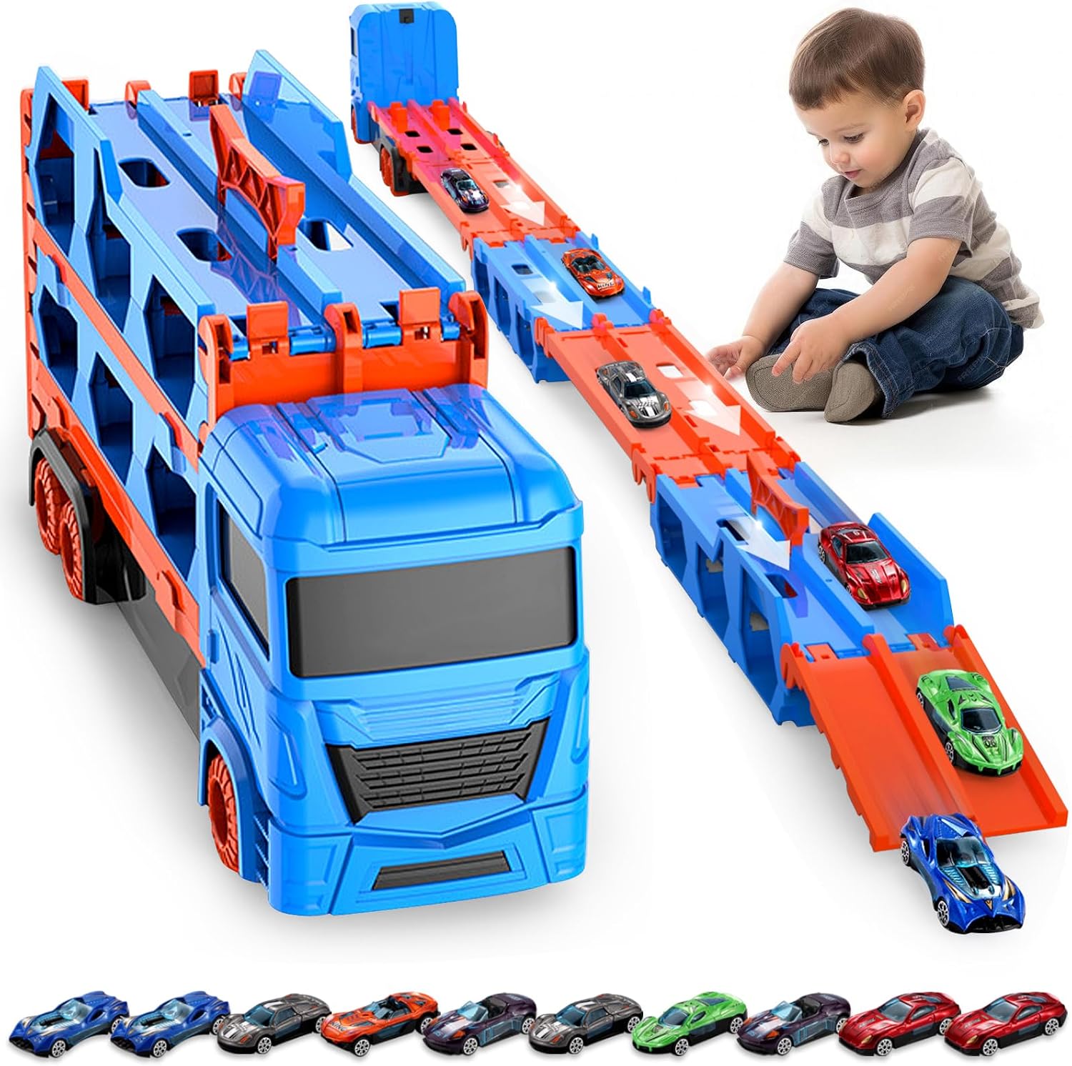 Transporter Truck zabawkowy samochód, transporter dla chłopców w wieku 3, 4, 5 lat, przenośny tor wyścigowy, ciężarówka, zabawkowy samochód z 10 samochodami wyścigowymi, transporter ciężarowy, zestaw