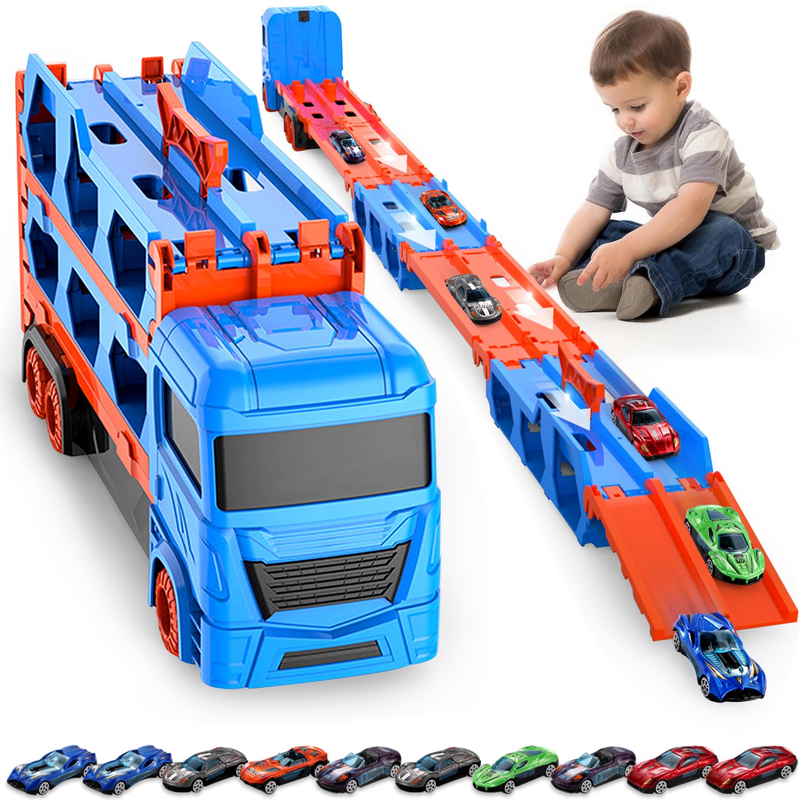 Camion Trasporto Giocattoli, Transporter Truck Macchinine Giocattoli per Ragazzi 3 4 5 Anni Camion Giocattolo con Pista da Corsa e 10 Macchine Macchinine Giocattolo Regalo per Bambini 3 4 5 6 7