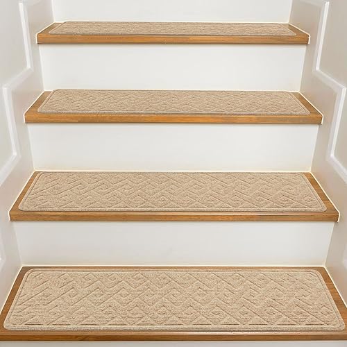 Miniatura 9 de Peldaños de escalera para escalones de madera interior, paquete de 15 unidades de 8 x 30 pulgadas, alfombra antideslizante con adhesivo reutilizable