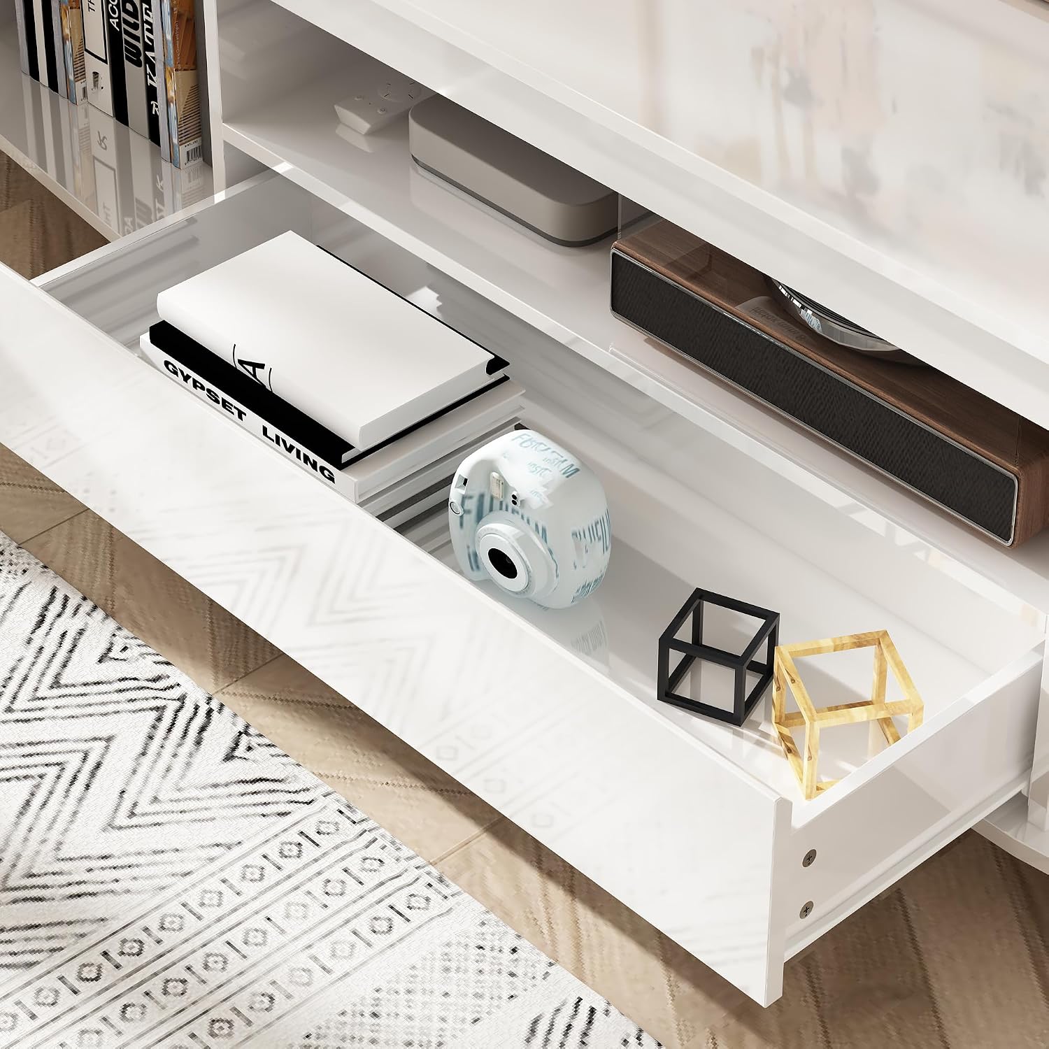 70.9" TV Stand for TVs Up to 75", Modern Entertainment Center with Drawer, Open Shelf & 2 Doors, Media Console Table with Round Corners for Living Room, White